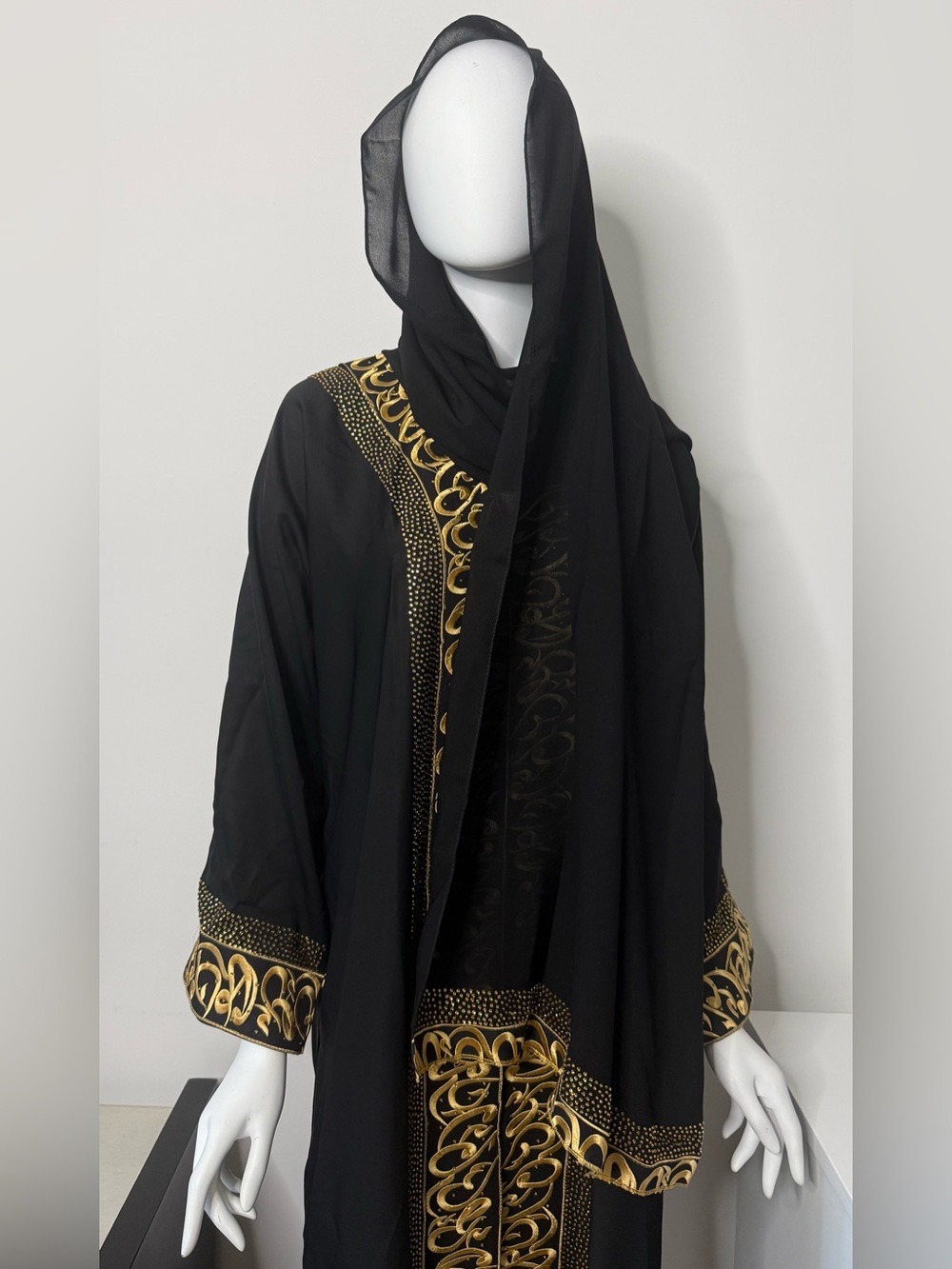 NWOT Black Gold Embroidered Rhinestone Abaya + Shayla Scarf Dubai